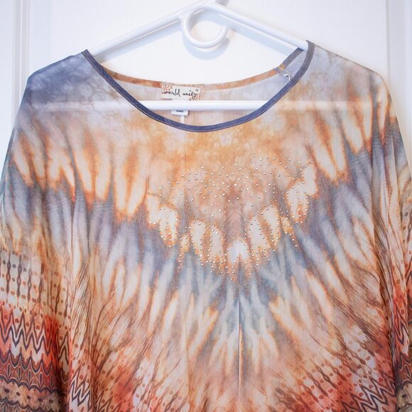 World Unity M Sheer Tie Dye Boho Festival Blouse Poncho Earthy Sunset Sparkle - Picture 3 of 4